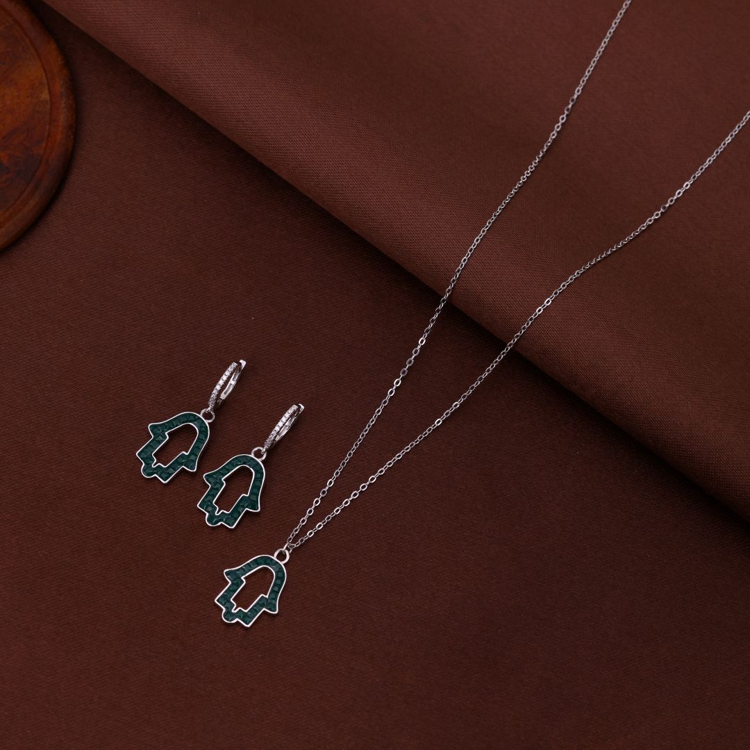 925 Sterling Silver Green Zircon Hamza Chain With Earrings for Women