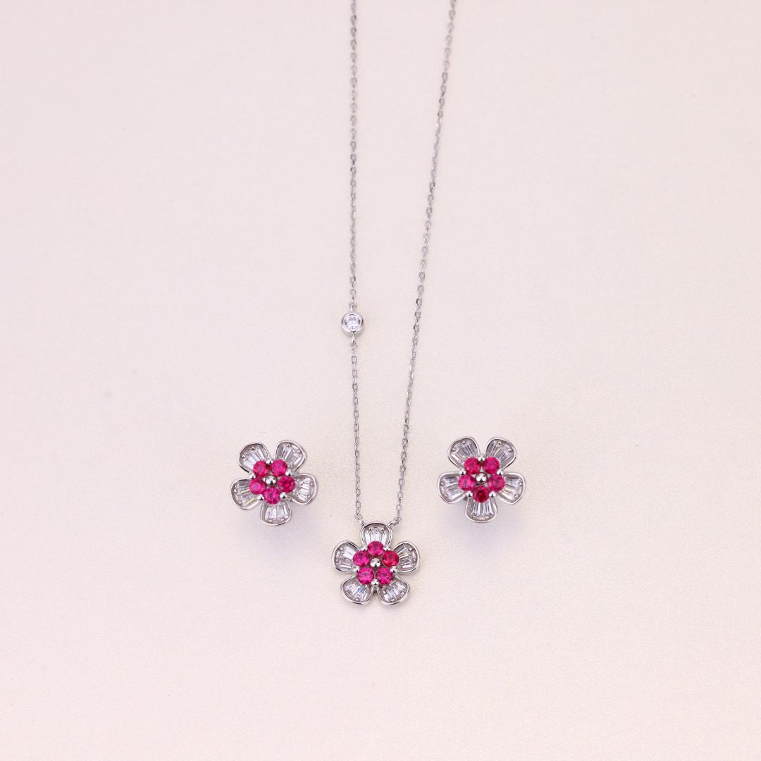 925 Sterling Silver Pink Flower Chain Earring Set