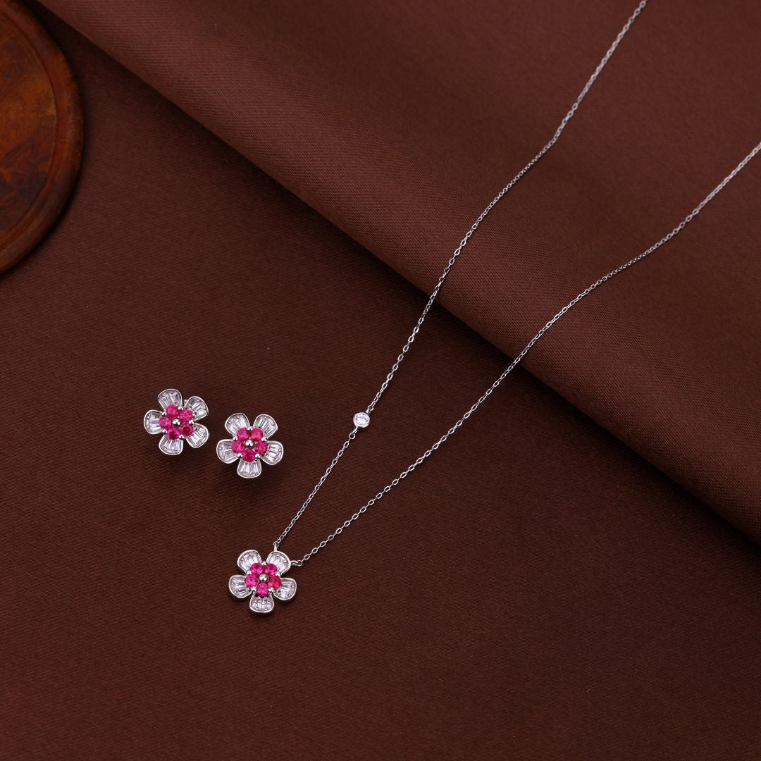 925 Sterling Silver Pink Flower Chain Earring Set