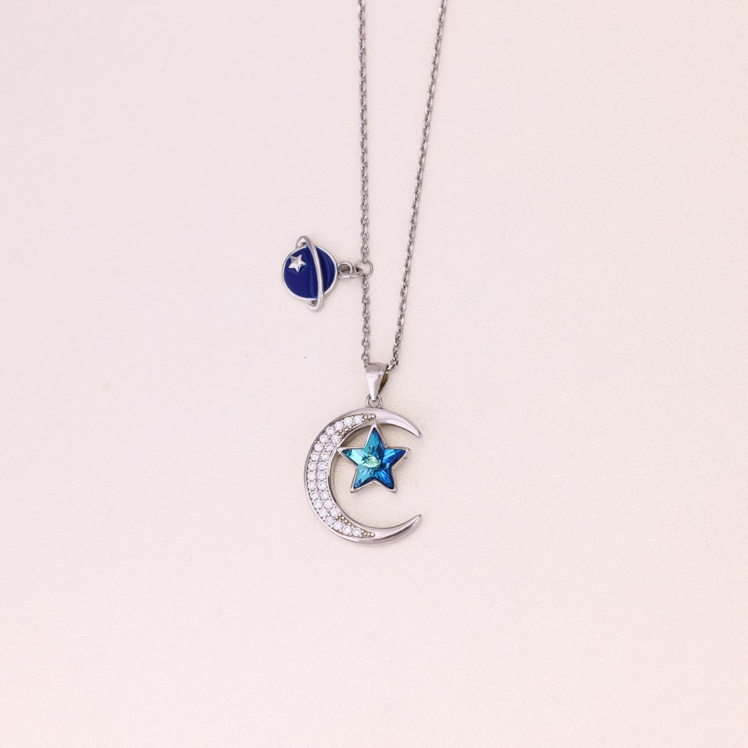 925 Sterling Silver Coloured Planet Moon Stars Chain For Women