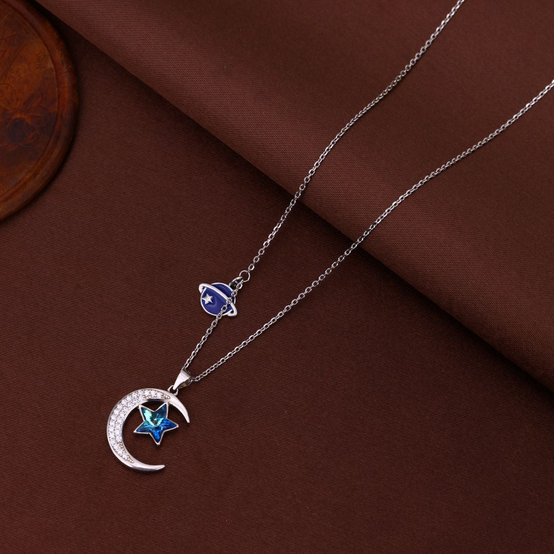 925 Sterling Silver Coloured Planet Moon Stars Chain For Women