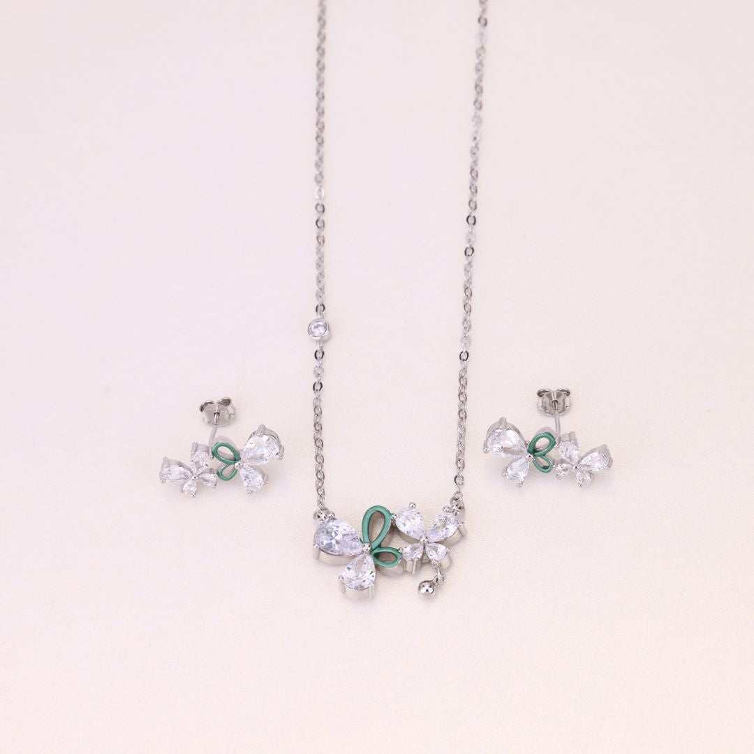 925 Sterling Silver Cute Necklace with Earrings Green Ribbons For Women