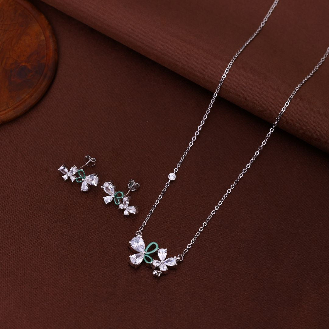 925 Sterling Silver Cute Necklace with Earrings Green Ribbons For Women