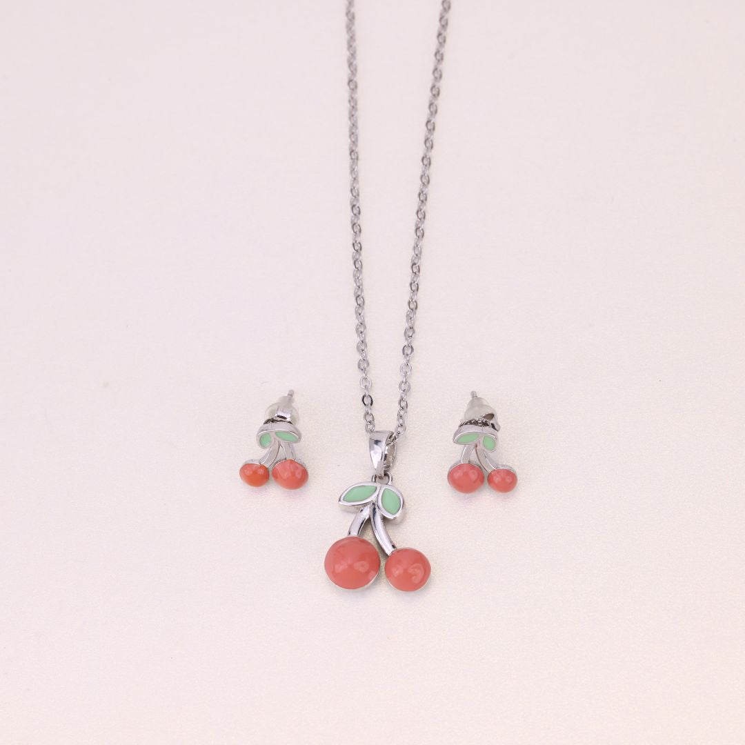 925 sterling Silver Red Cherry Necklace With Earrings For Women