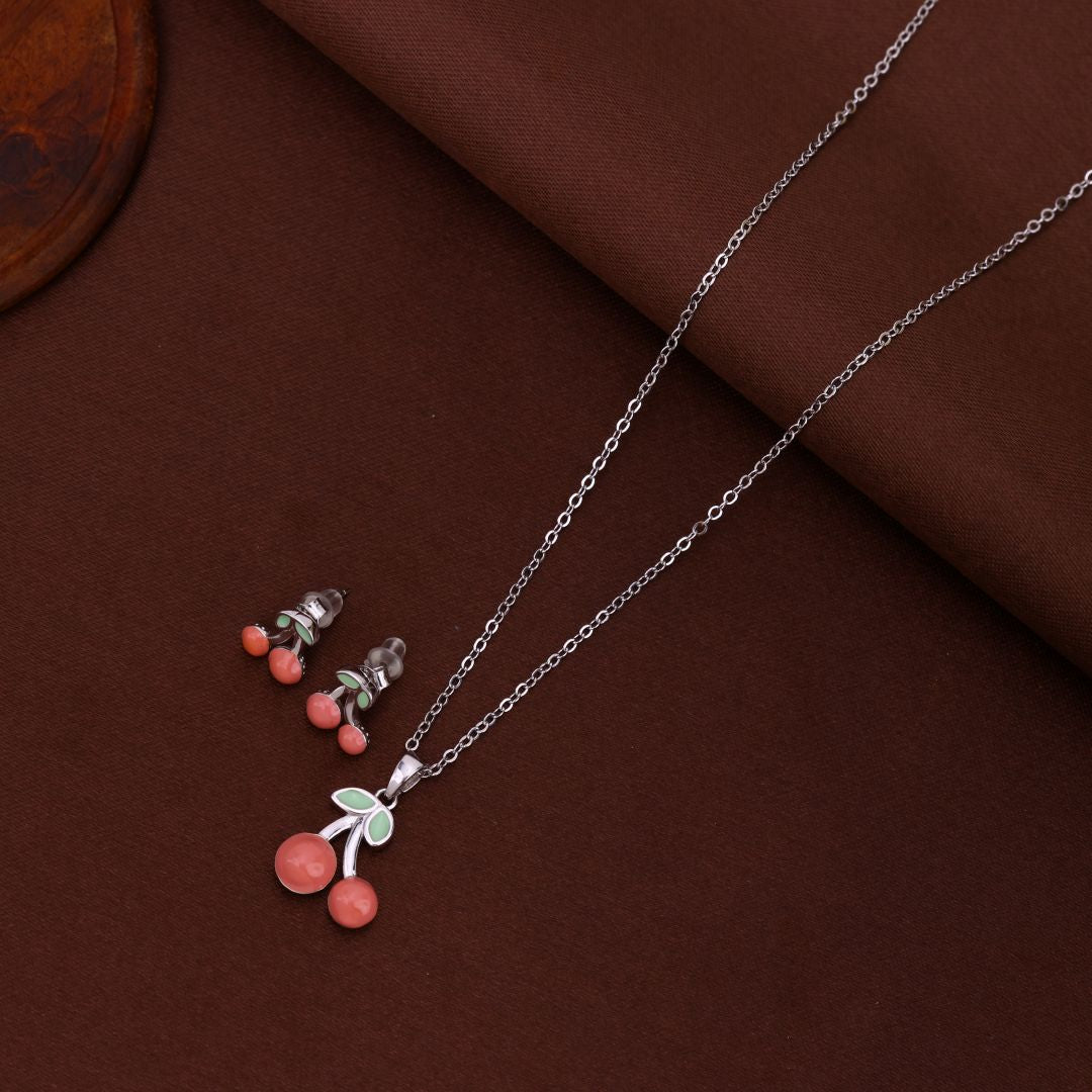 925 sterling Silver Red Cherry Necklace With Earrings For Women
